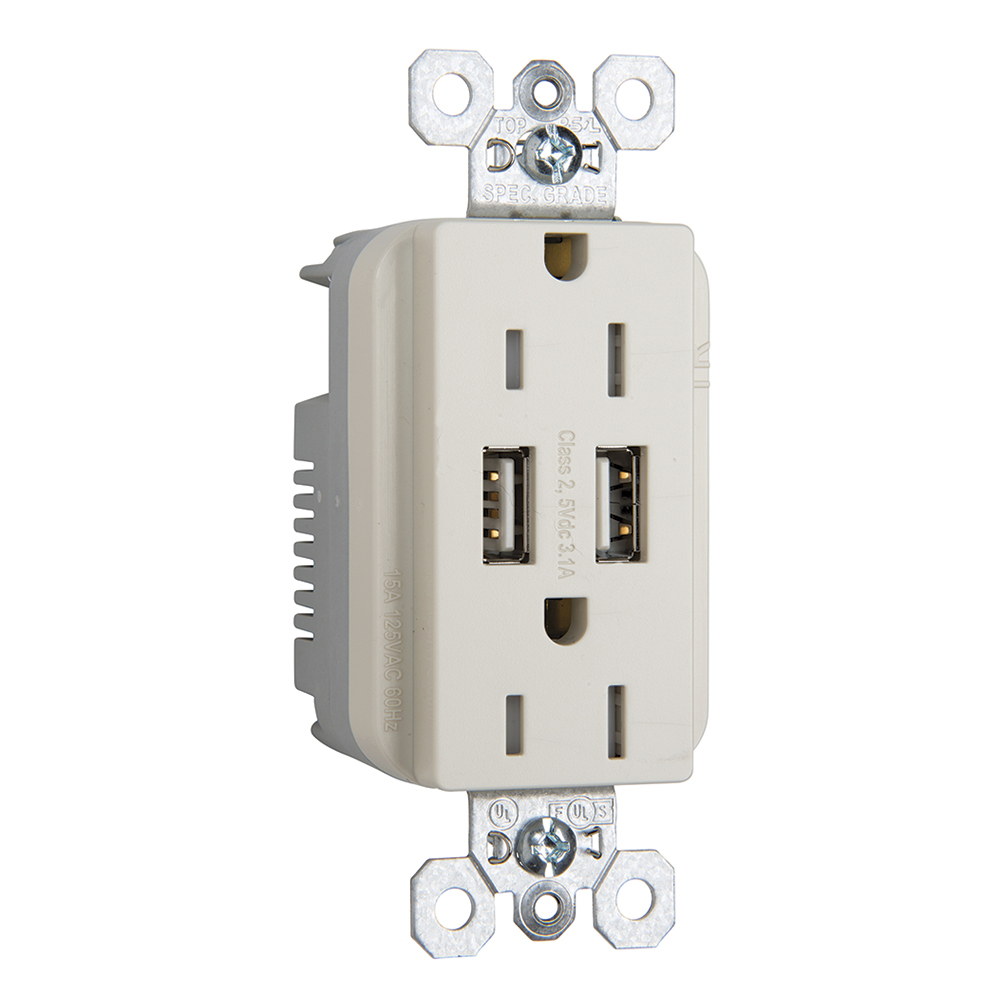 Combination 15A 125V Tamper-Resistant Duplex Outlet with Two USB Chargers - Light Almond