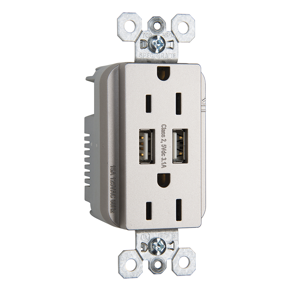 Combination 15A 125V Tamper-Resistant Duplex Outlet with Two USB Chargers - Nickel Finish
