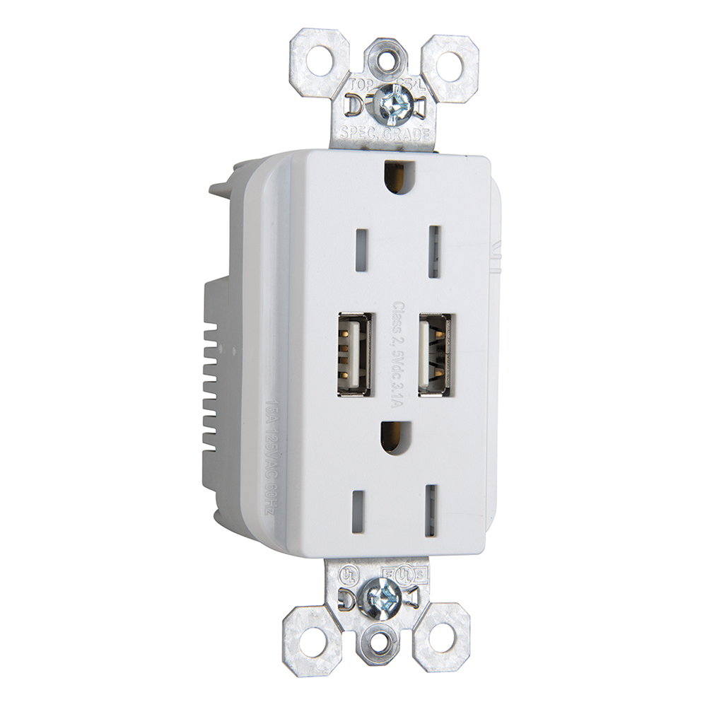 Combination 15A 125V Tamper-Resistant Duplex Outlet with Two USB Chargers - White