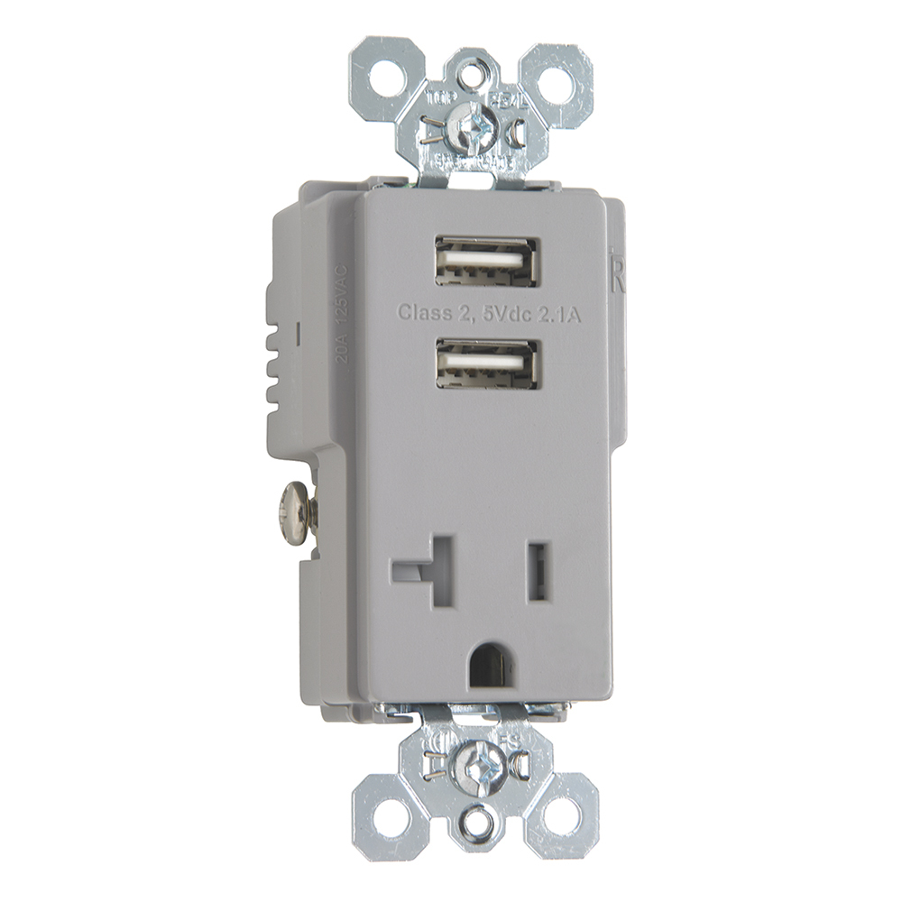 Decorator Combination 20A 125V Tamper-Resistant Outlet with Two USB Chargers - Gray