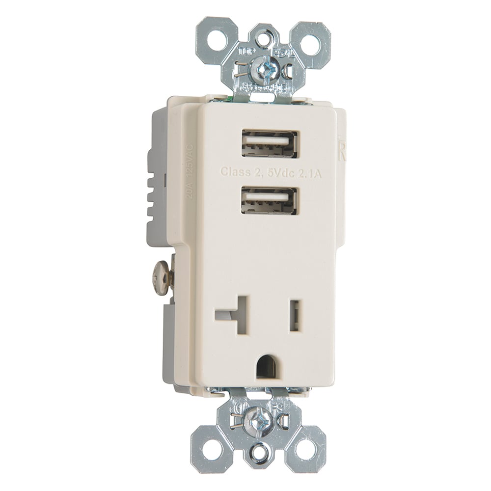 Decorator Combination 20A 125V Tamper-Resistant Outlet with Two USB Chargers - Light Almond