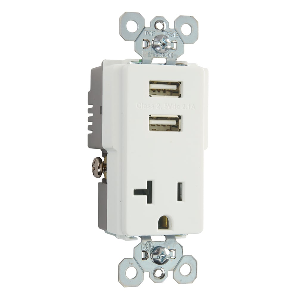 20A 125V, Decorator Combination Tamper-Resistant Outlet with Two USB Chargers - White