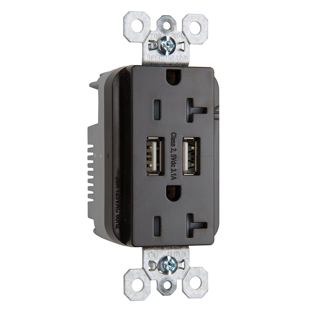 Combination 20A 125V Tamper-Resistant Duplex Outlet with Two USB Chargers - Brown