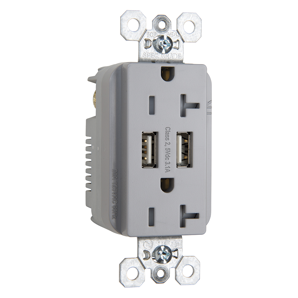 Combination 20A 125V Tamper-Resistant Duplex Outlet with Two USB Chargers - Gray