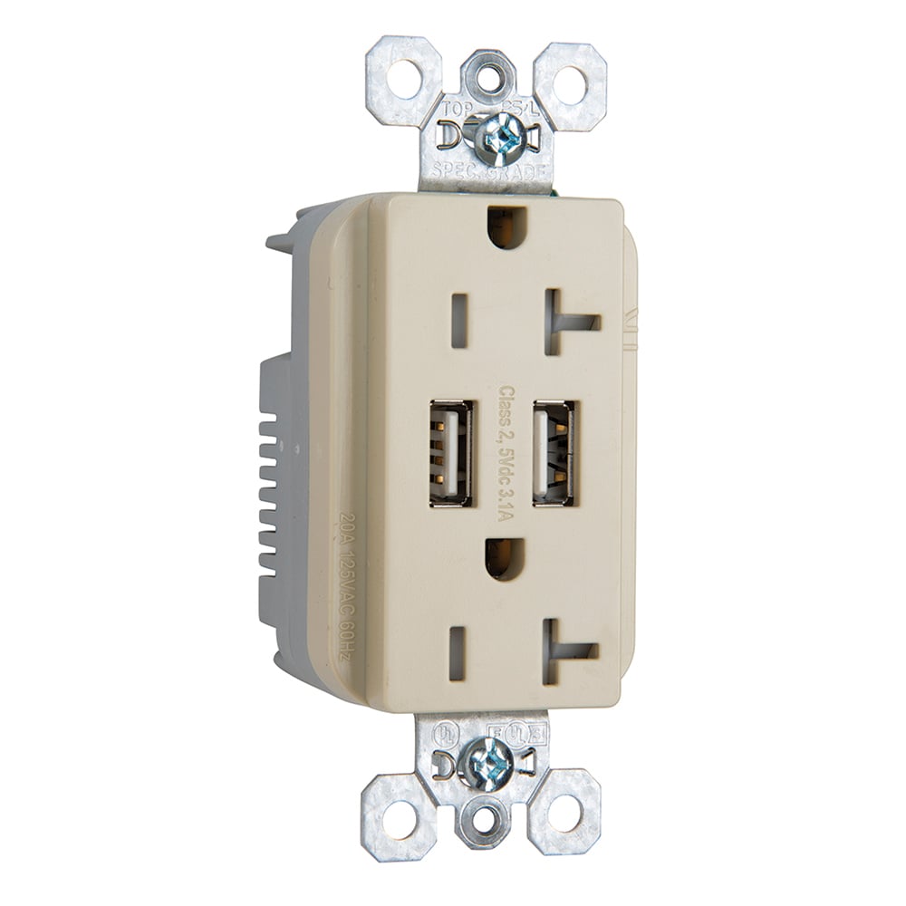 Combination 20A 125V Tamper-Resistant Duplex Outlet with Two USB Chargers - Ivory