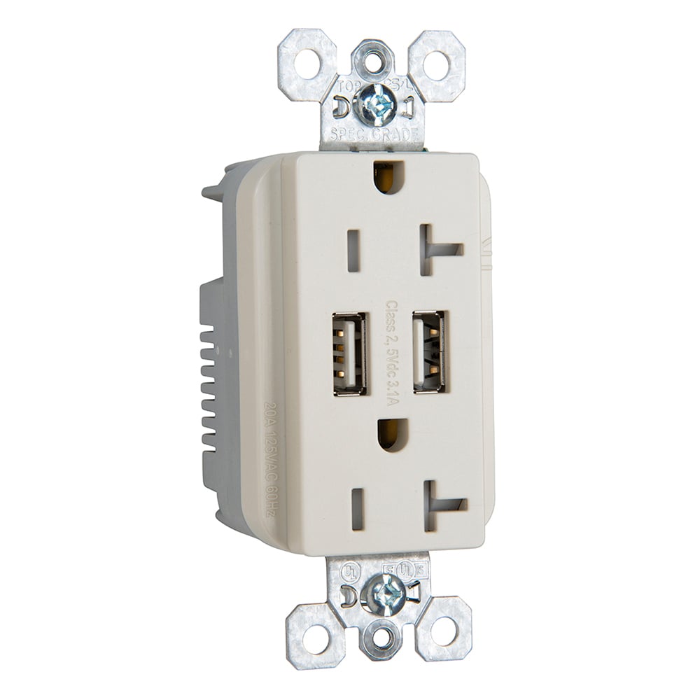 Combination 20A 125V Tamper-Resistant Duplex Outlet with Two USB Chargers - Light Almond