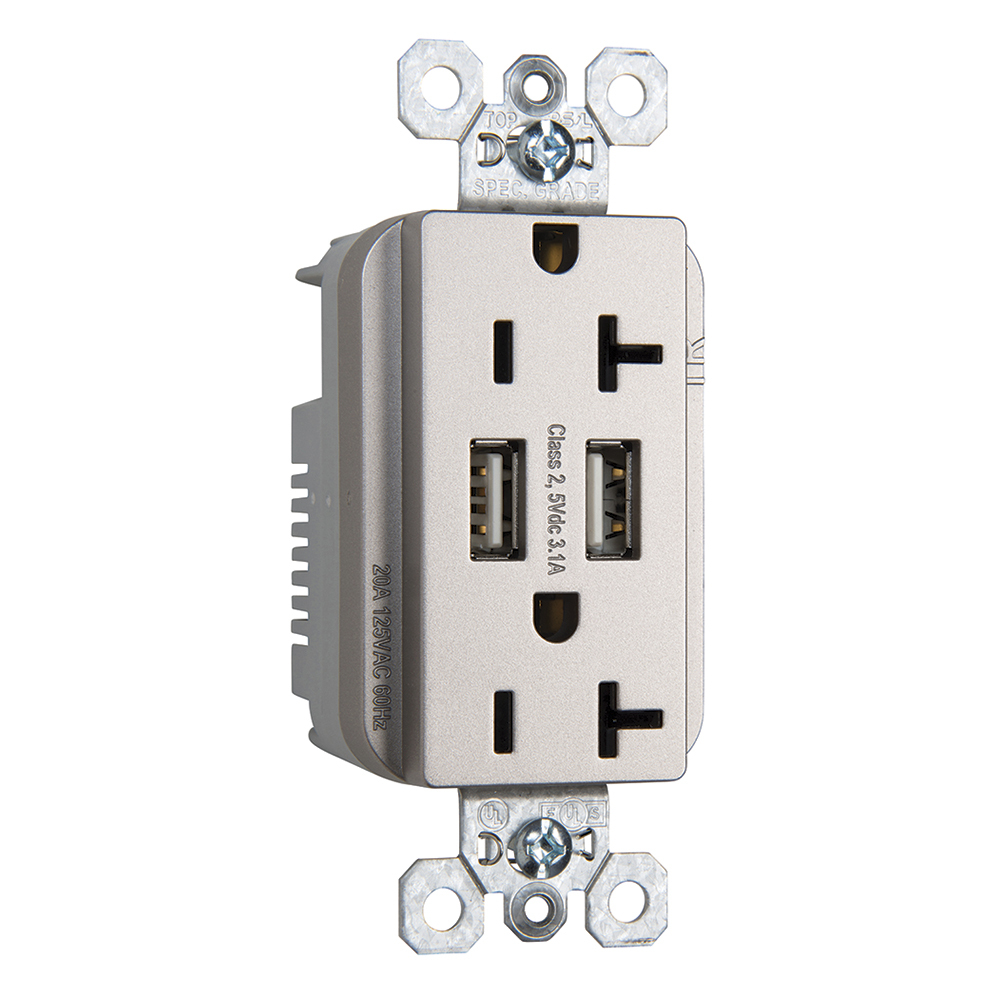 Combination 20A 125V Tamper-Resistant Duplex Outlet with Two USB Chargers - Nickel Finish