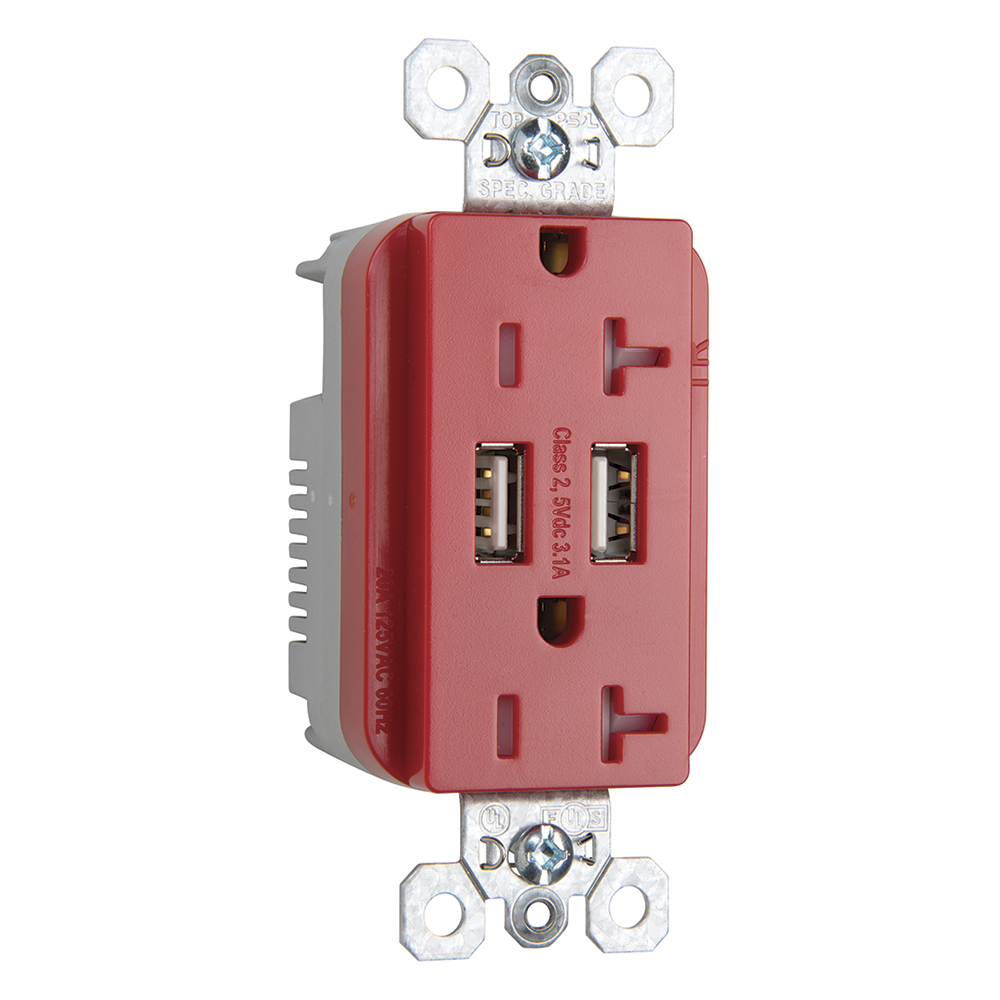 Combination 20A 125V Tamper-Resistant Duplex Outlet with Two USB Chargers - Red