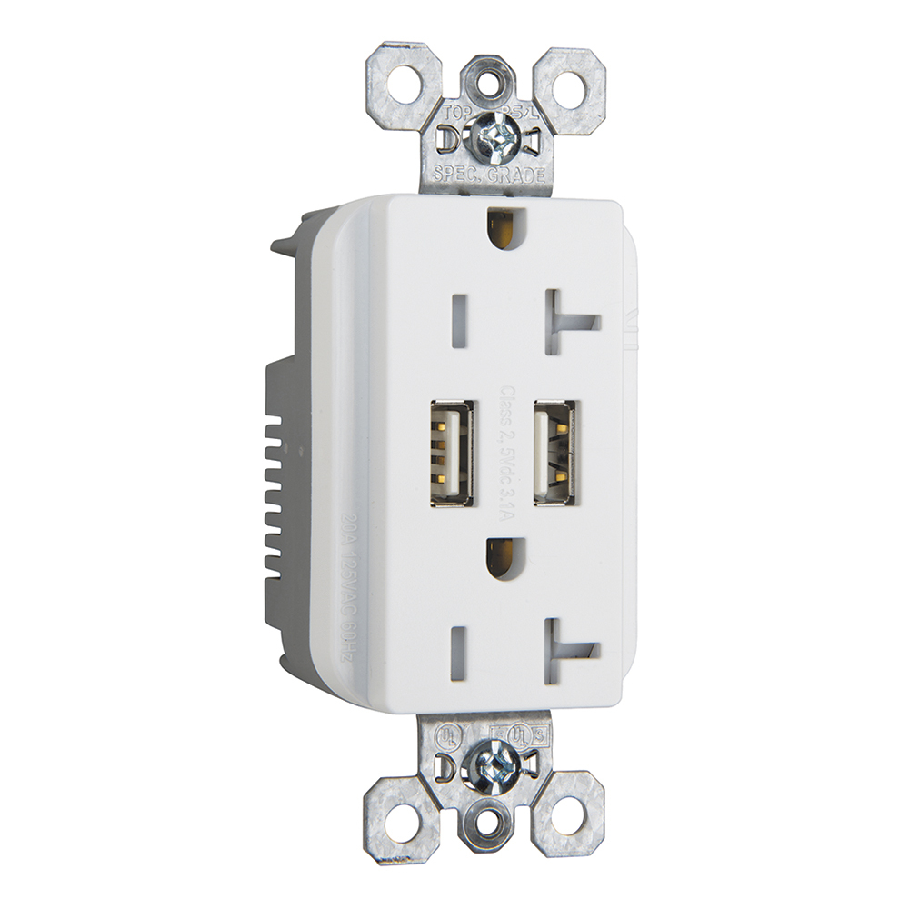 Combination 20A 125V Tamper-Resistant Duplex Outlet with Two USB Chargers - White