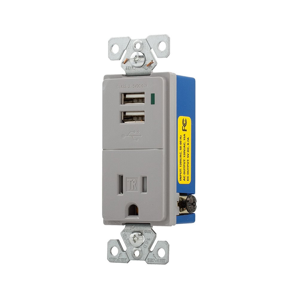 Eaton combination USB charger with receptacle, Tamper resistant, 15A, Flush mount, 125 Vac, 5 Vdc, Wire leads, Gray, Brass, 5-15R, Two-pole, three-wire, grounding, Decorator, Thermoplastic