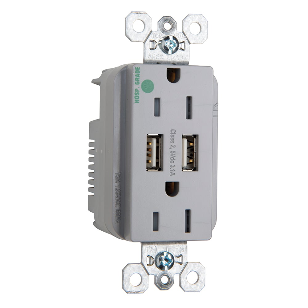Decorator Combination 15A 125V Tamper-Resistant Hospital Grade Duplex Outlet with Two USB Chargers - Gray