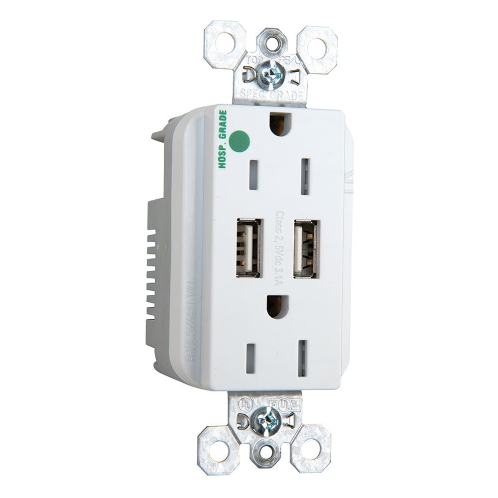 Decorator Combination 15A 125V Tamper-Resistant Hospital Grade Duplex Outlet with Two USB Chargers - White