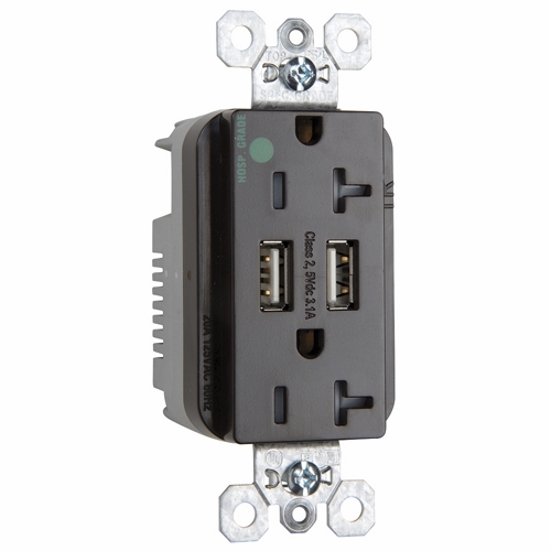 Decorator Combination 20A 125V Tamper-Resistant Hospital Grade Duplex Outlet with Two USB Chargers - Brown