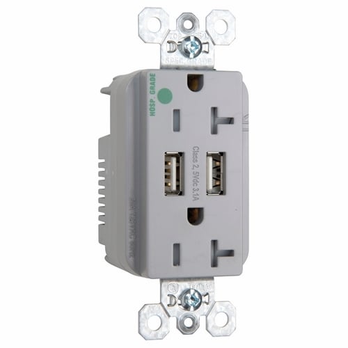 Decorator Combination 20A 125V Tamper-Resistant Hospital Grade duplex Outlet with Two USB Chargers - Gray