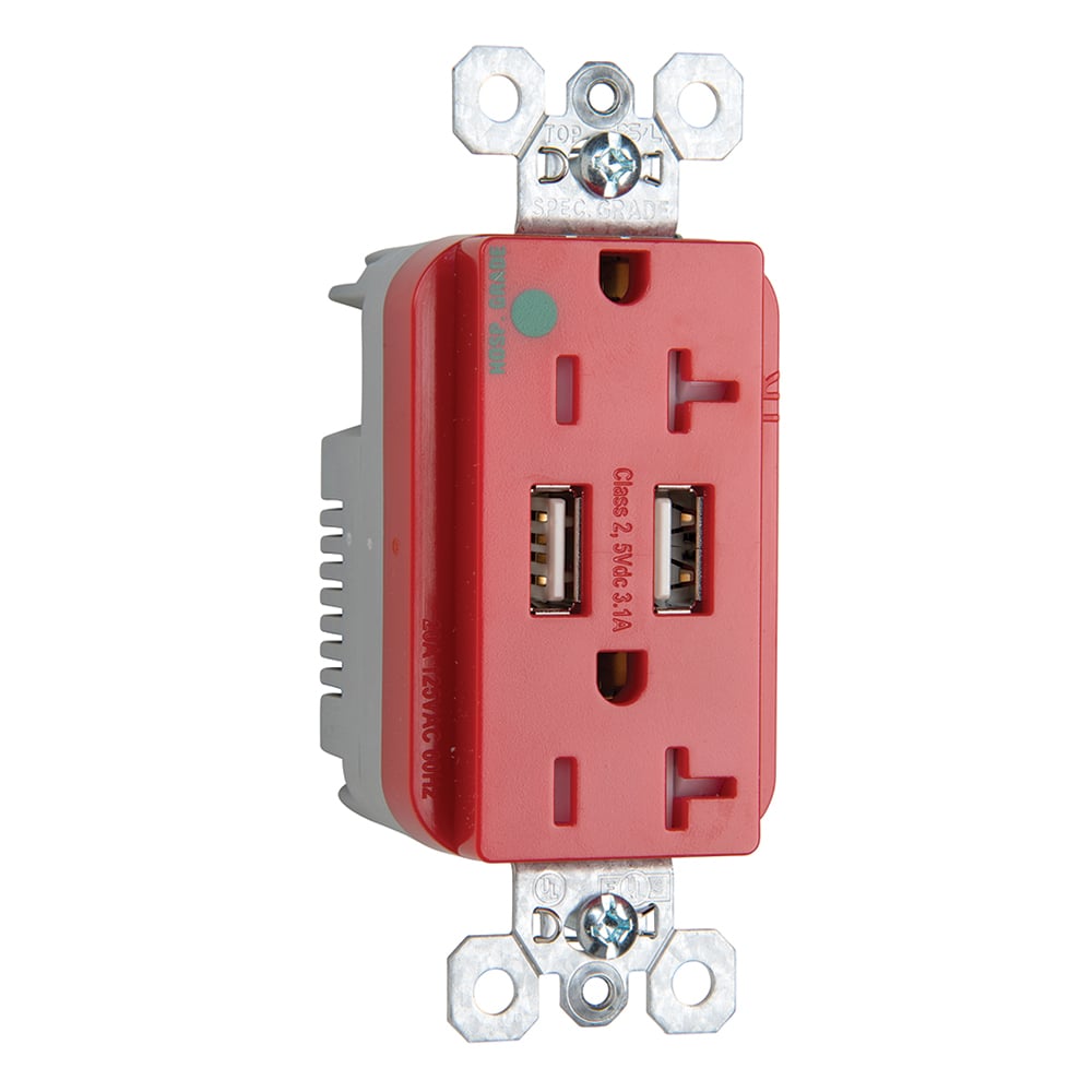 Decorator Combination 20A 125V Tamper-Resistant Hospital Grade Duplex Outlet with Two USB Chargers - Red