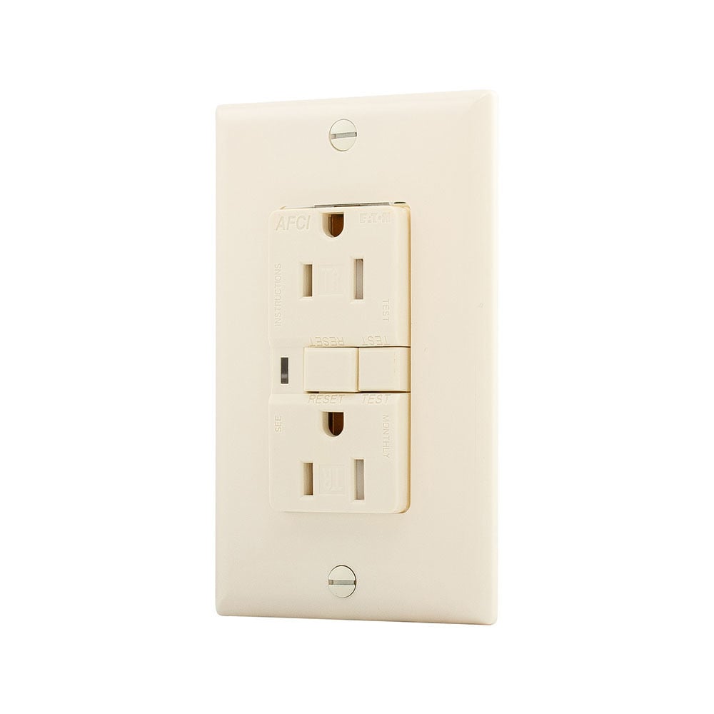 Eaton AFCI receptacle, Visual trip indicator light, 15A, 125V, Back wire and side wire, AFCI, Almond, Brass, Receptacle, Tamper resistant, PVC, 5-15R, Two-pole, three-wire, grounding