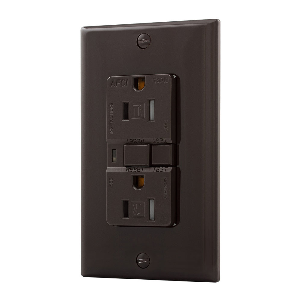 Eaton AFCI receptacle, Visual trip indicator light, 15A, 125V, Back wire and side wire, AFCI, Brown, Brass, Receptacle, Tamper resistant, PVC, 5-15R, Two-pole, three-wire, grounding