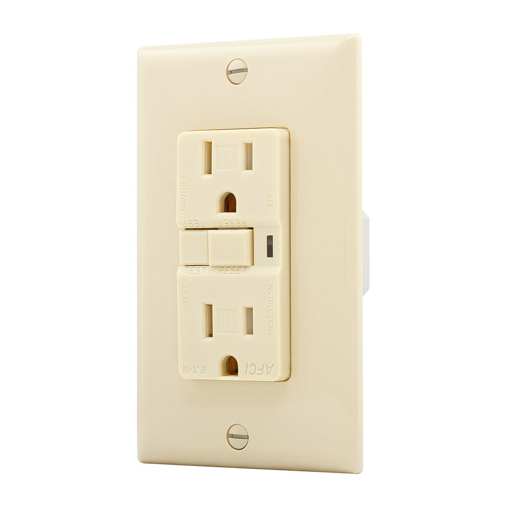 Eaton AFCI receptacle, Visual trip indicator light, 15A, 125V, Back wire and side wire, AFCI, Ivory, Brass, Receptacle, Tamper resistant, PVC, 5-15R, Two-pole, three-wire, grounding