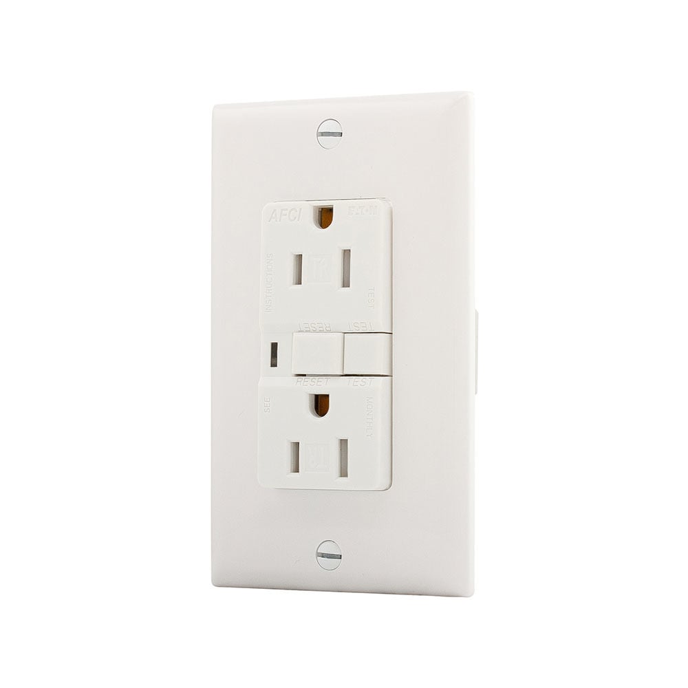Eaton AFCI receptacle, Visual trip indicator light, 15A, 125V, Back wire and side wire, AFCI, White, Brass, Receptacle, Tamper resistant, PVC, 5-15R, Two-pole, three-wire, grounding