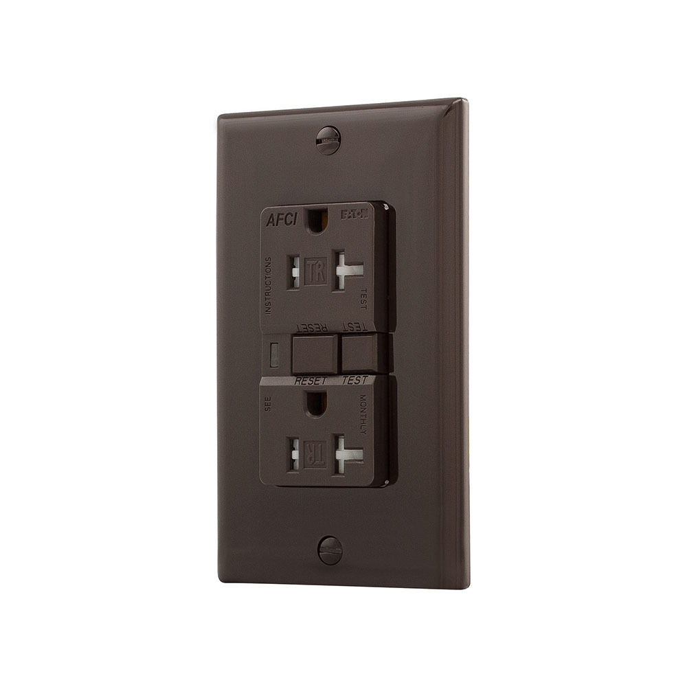Eaton AFCI receptacle,Tamper resistant,#14 - 10 AWG,20A,Residential,Commercial,Flush,125 V,AFCI,Back and side wire,Brown,Brass,Receptacle,Tamper resistant,Polycarbonate,5-20R,Two-pole, three-wire, grounding