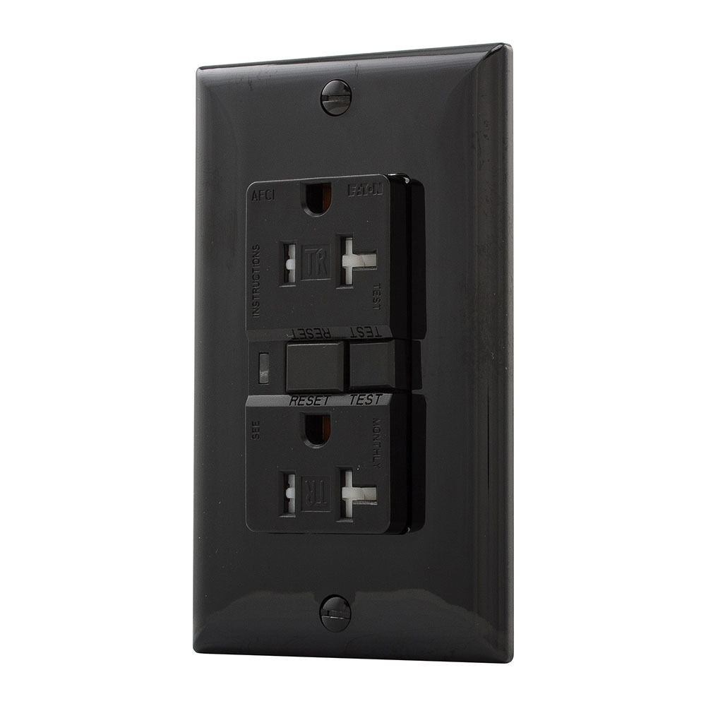 Eaton AFCI receptacle,Tamper resistant,#14 - 10 AWG,20A,Residential,Commercial,Flush,125 V,AFCI,Back and side wire,Black,Brass,Receptacle,Tamper resistant,Polycarbonate,5-20R,Two-pole, three-wire, grounding