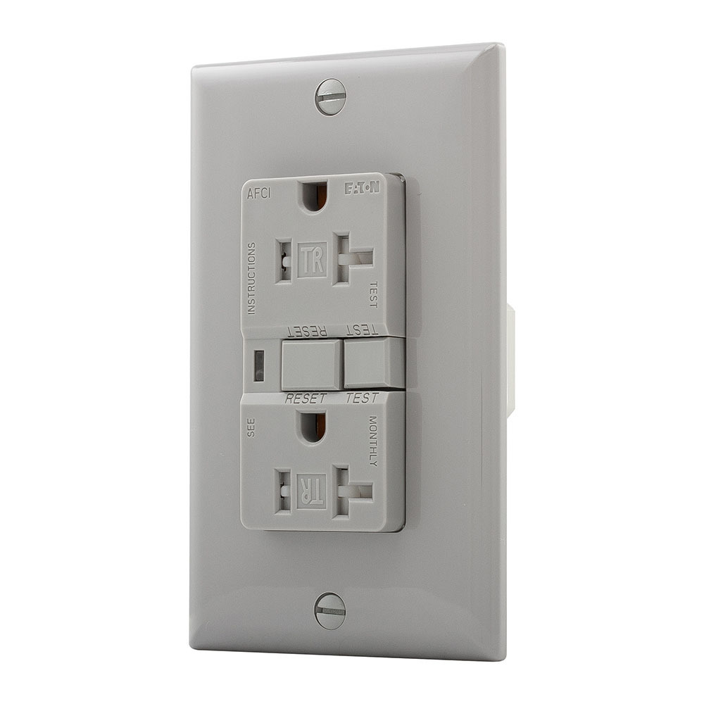 Eaton AFCI receptacle,Tamper resistant,#14 - 10 AWG,20A,Residential,Commercial,Flush,125 V,AFCI,Back and side wire,Gray,Brass,Receptacle,Tamper resistant,Polycarbonate,5-20R,Two-pole, three-wire, grounding