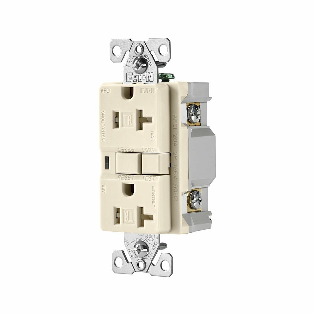 Eaton AFCI receptacle,Tamper resistant,#14 - 10 AWG,20A,Residential,Commercial,Flush,125 V,AFCI,Back and side wire,Light almond,Brass,Receptacle,Tamper resistant,Polycarbonate,5-20R,Two-pole, three-wire, grounding