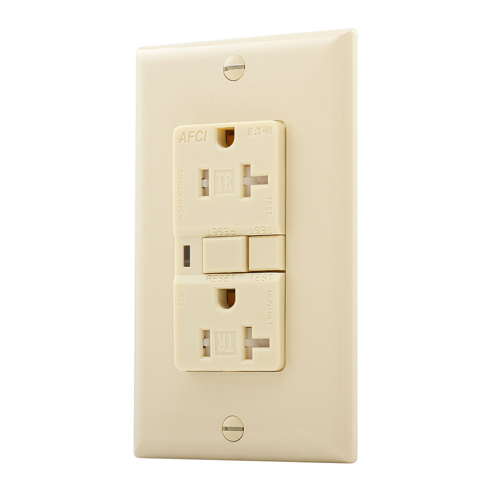 Eaton AFCI receptacle,Tamper resistant,#14 - 10 AWG,20A,Residential,Commercial,Flush,125 V,AFCI,Back and side wire,Ivory,Brass,Receptacle,Tamper resistant,Polycarbonate,5-20R,Two-pole, three-wire, grounding