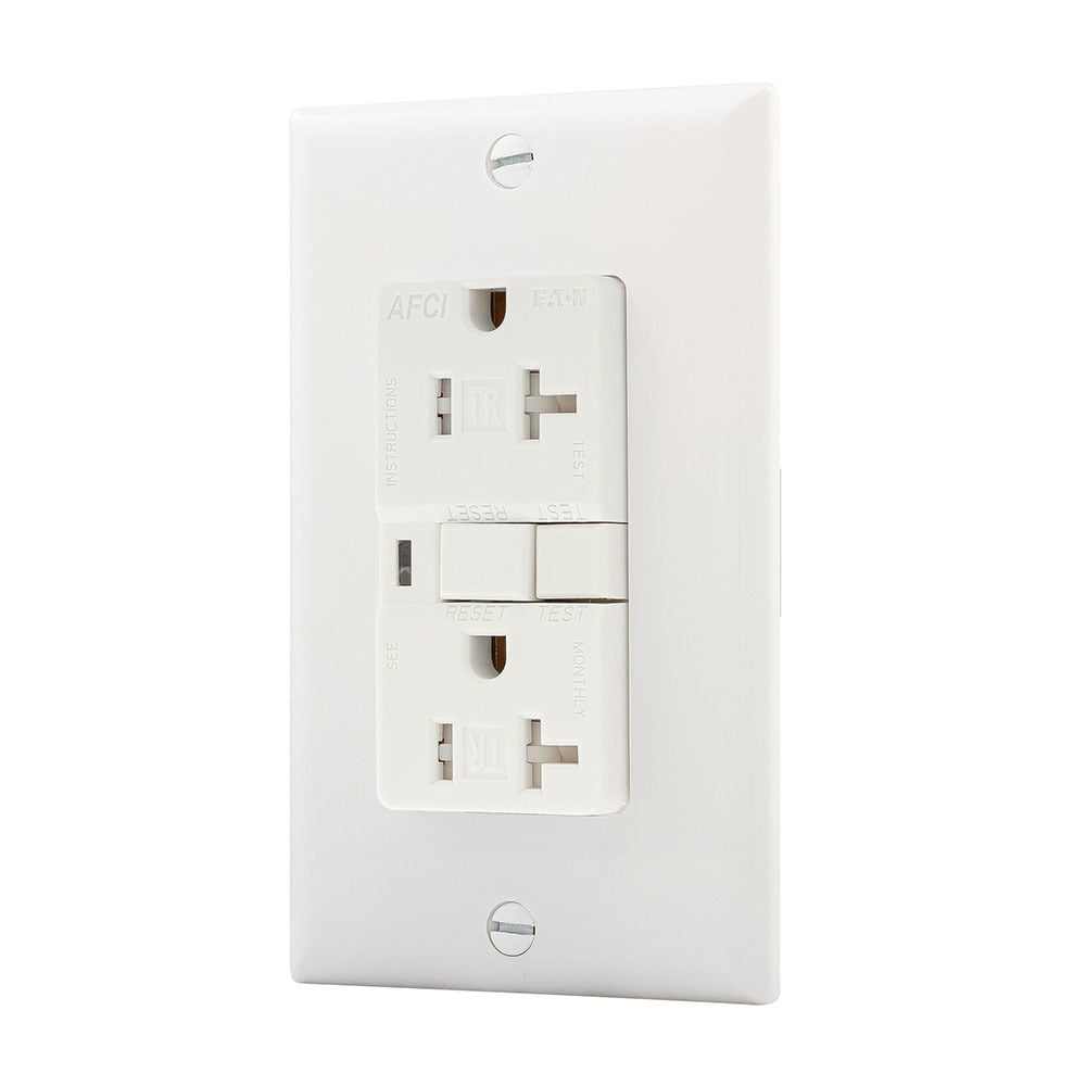 Eaton AFCI receptacle,Tamper resistant,#14 - 10 AWG,20A,Residential,Commercial,Flush,125 V,AFCI,Back and side wire,White,Brass,Receptacle,Tamper resistant,Polycarbonate,5-20R,Two-pole, three-wire, grounding
