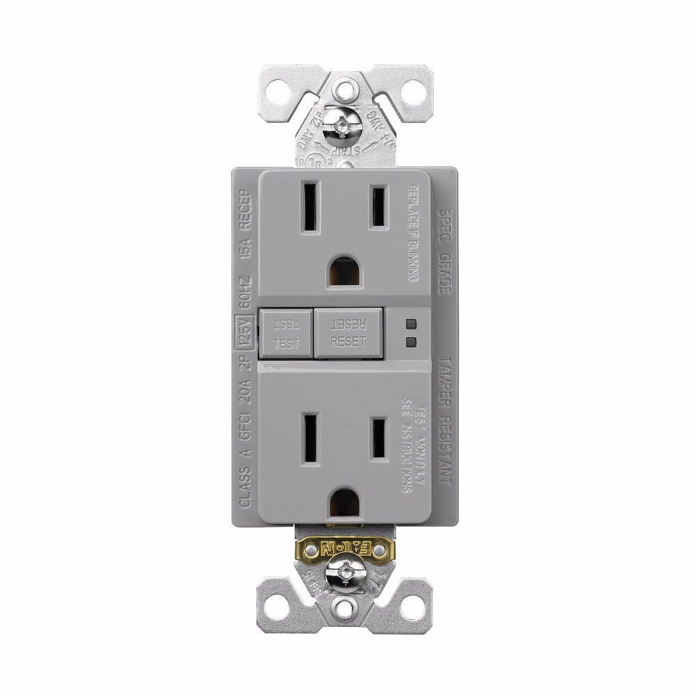 Eaton GFCI receptacle,Tamper resistant,Self-test,#14 - 10 AWG,15A,Residential,Commercial,Flush,125 V,GFCI,Back and side wire,Gray,Brass,Receptacle,Tamper resistant,Polycarbonate,5-15R,Two-pole,Three-wire,Two-pole, three-wire, grounding