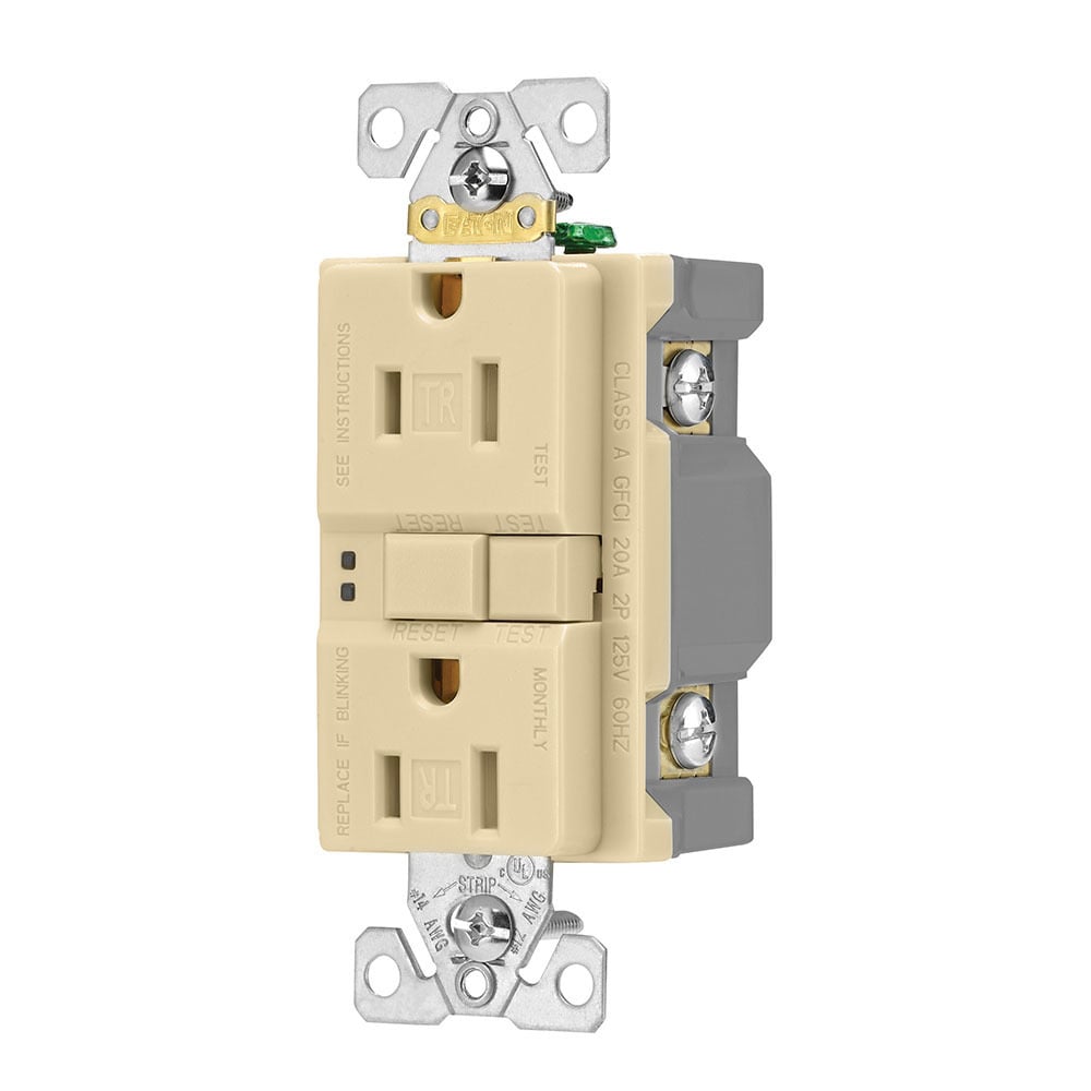 Eaton ground fault circuit interrupter receptacle, 15A, 125V, Back wire and side wire, GFCI, Ivory, Brass, Receptacle, Tamper resistant, PVC, 5-15R, Two-pole, three-wire, grounding