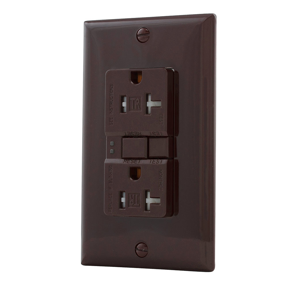 Eaton GFCI receptacle,Tamper resistant,Self-test,#14 - 10 AWG,20A,Residential,Commercial,Flush,125 V,GFCI,Back and side wire,Brown,Brass,Receptacle,Tamper resistant,Polycarbonate,5-20R,Two-pole, three-wire, grounding