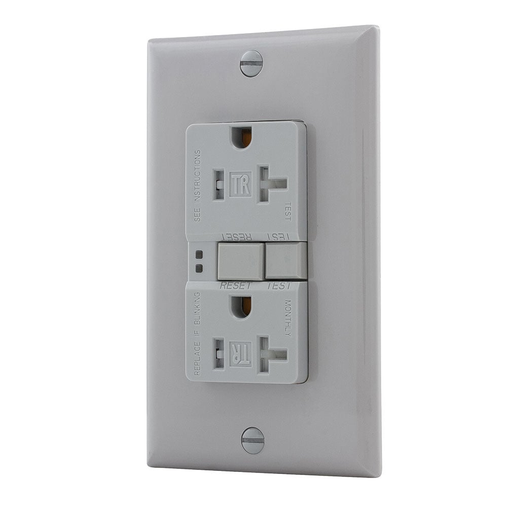 Eaton GFCI receptacle,Tamper resistant,Self-test,#14 - 10 AWG,20A,Residential,Commercial,Flush,125 V,GFCI,Back and side wire,Gray,Brass,Receptacle,Tamper resistant,Polycarbonate,5-20R,Two-pole, three-wire, grounding