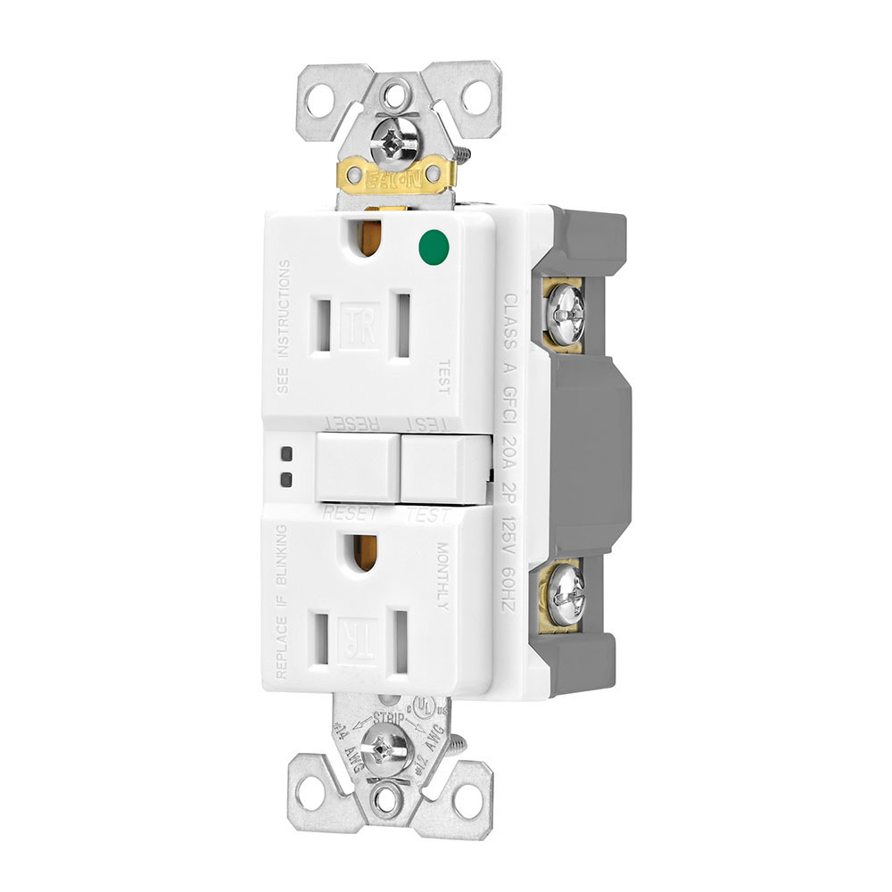 Eaton hospital grade GFCI receptacle,Tamper resistant,Self-test,#14 - 10 AWG,15A,Residential,Commercial,Flush,125 V,GFCI,Back and side wire,White,Brass,Receptacle,Tamper resistant,Nylon,5-15R,Two-pole, three-wire, grounding