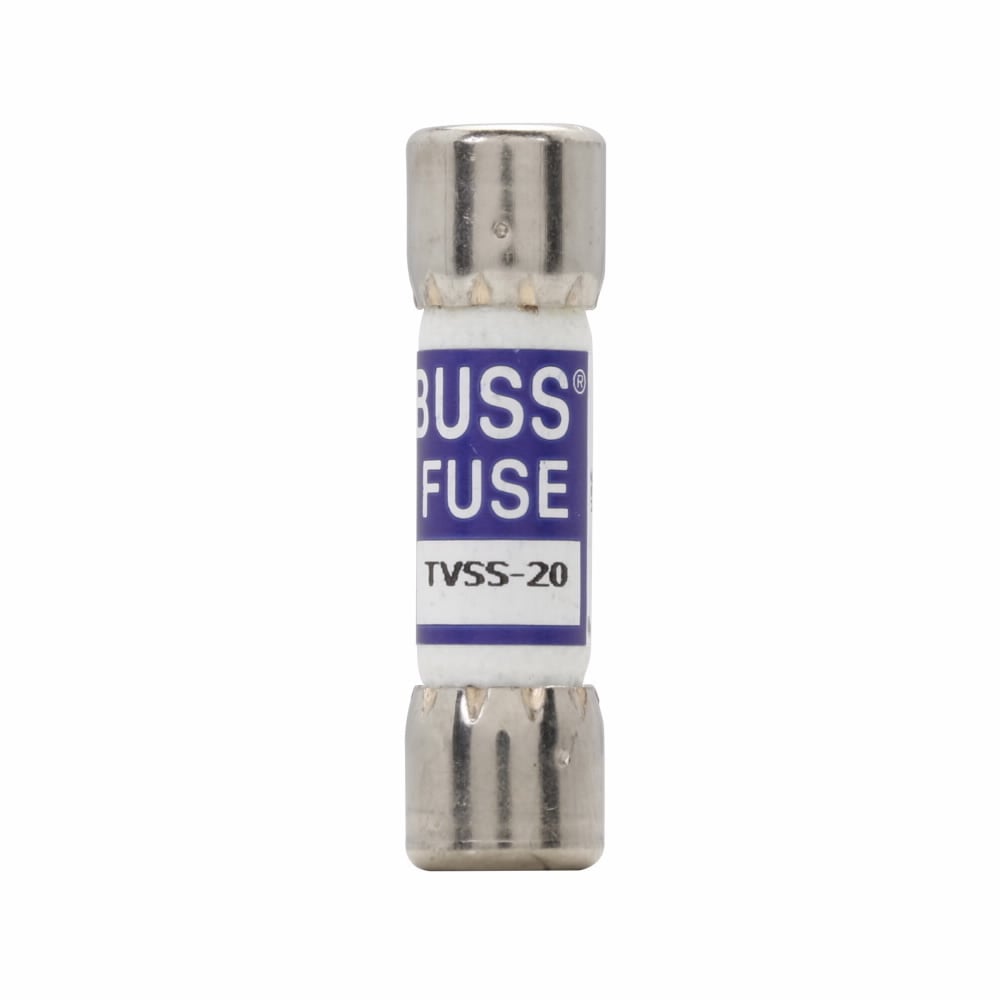 Transient Voltage Surge Suppressor, Surge protection limiter, With printed circuit board tabs, 20A, 600 Vac, 200000A (RMS symmetrical) interrupt rating, Melamine Tube, nickel-plated brass endcaps, Tubular end X tubular end connection, 20,00