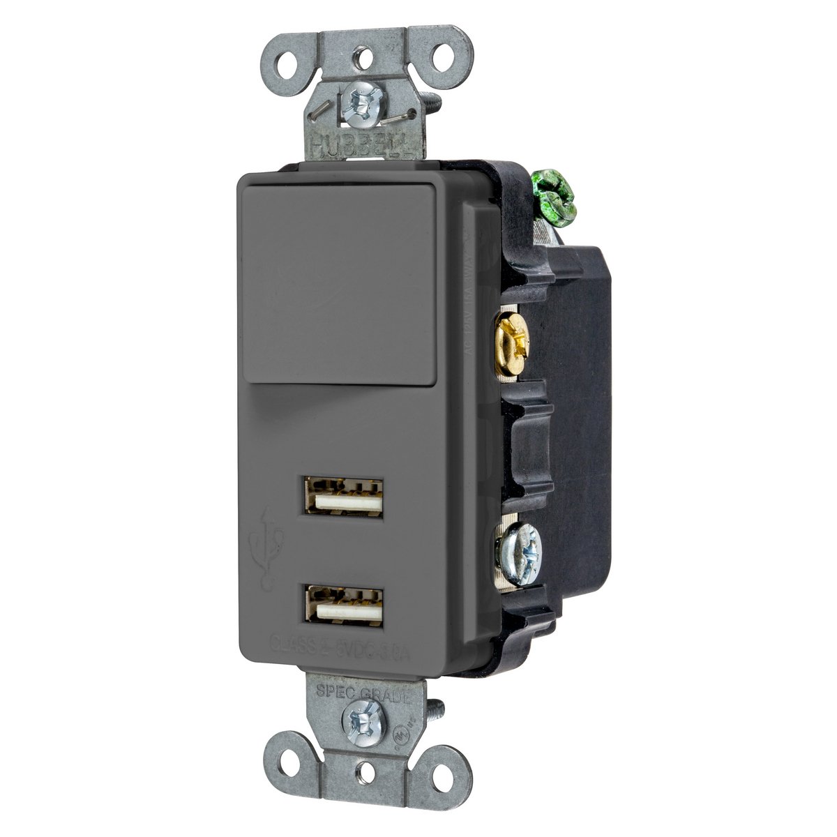 USB Charger, Combo Devices, SinglePole/Three Way Switch, 5V 3A, 4-Port, 15A 120V AC, 2-Pole 3-Wire Grounding, 5-15R, Gray