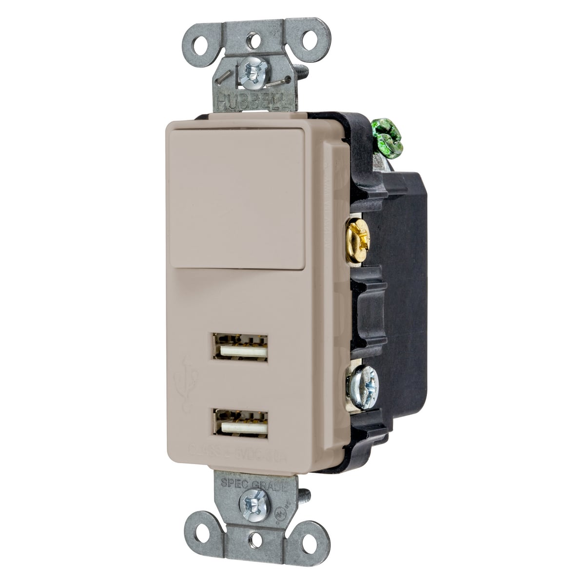 USB Charger, Combo Devices, SinglePole/Three Way Switch, 5V 3A, 4-Port, 15A 120V AC, 2-Pole 3-Wire Grounding, 5-15R