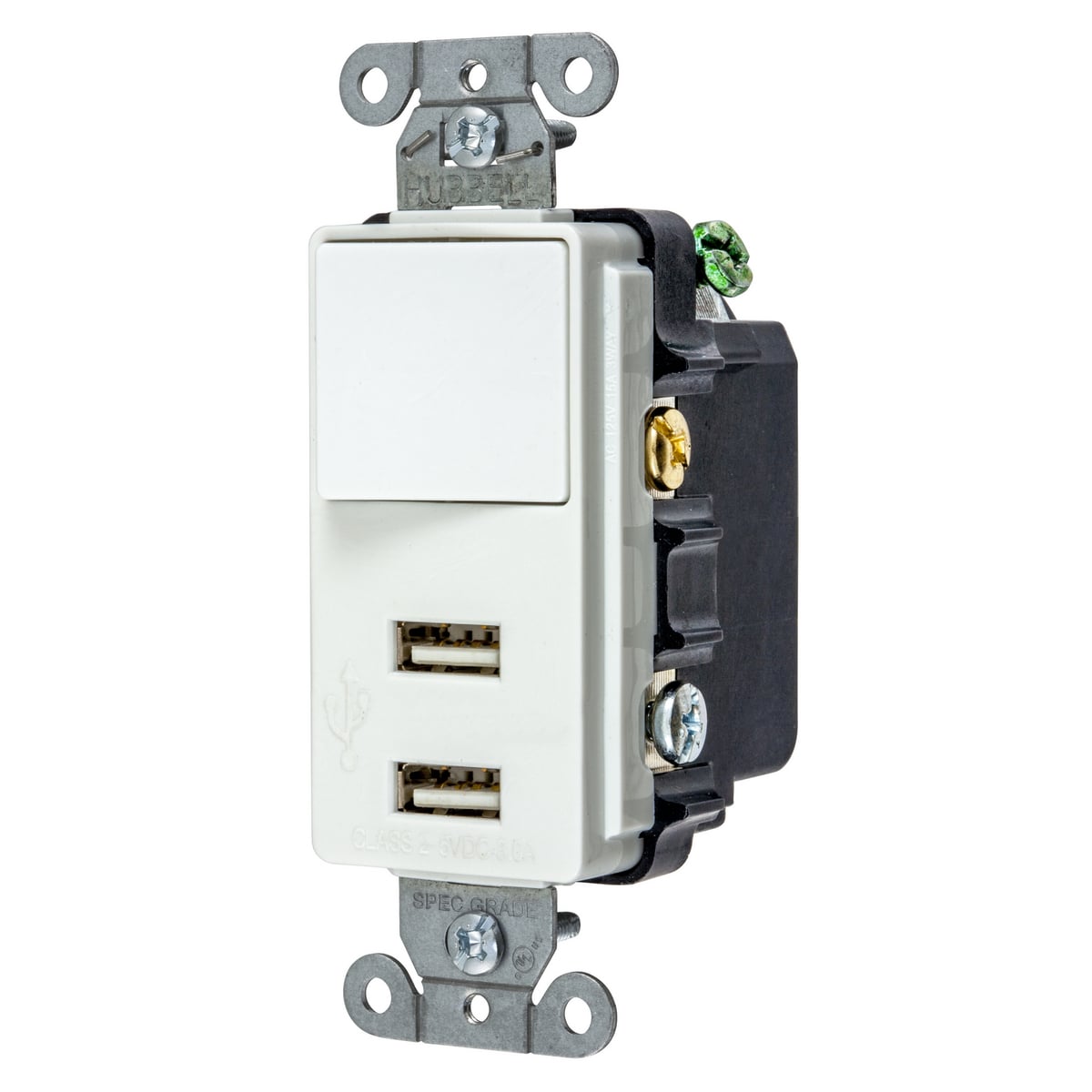 USB Charger, Combo Devices, SinglePole/Three Way Switch, 5V 3A, 4-Port, 15A 120V AC, 2-Pole 3-Wire Grounding, 5-15R, White