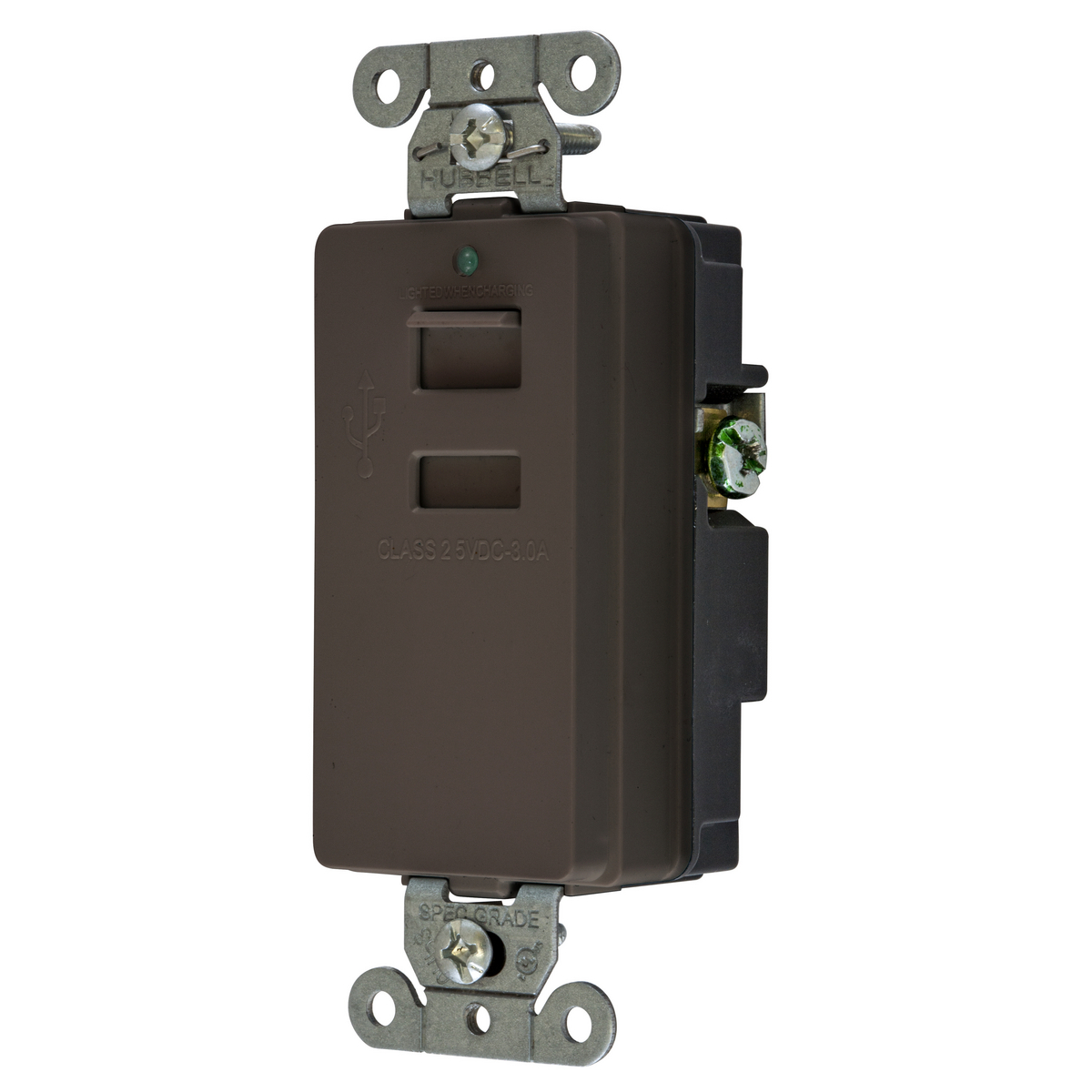 Straight Blade Devices, Receptacles, Duplex, Dual USB Type 2.0 Ports 3 Amp 5 Volt DC,Style Line Decorator, 125V, 2-Pole 3-Wire Grounding, Brown