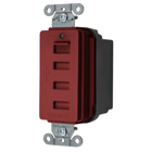 Hubbell Wiring Device Kellems, Straight Blade Devices, Receptacles,Duplex, USB Charger, 5V 3A, 4-Port, 15A 125V, 2-Pole 3-Wire Grounding,5-15R, Red
