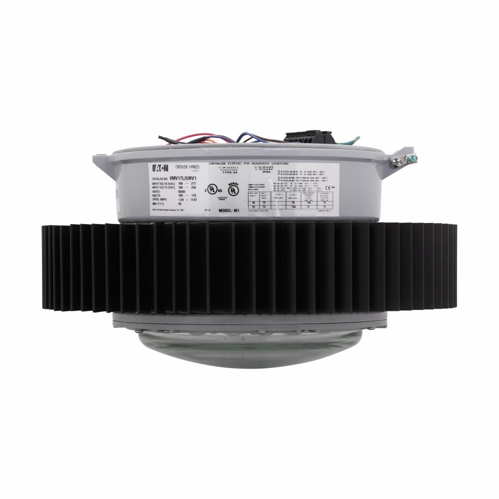 Eaton Crouse-Hinds series Champ VMV LED fixture, Cool white, 400W-600W HID equiv, No guard, Heat and impact resistant glass lens, 17000 lumens, 112 lm/W, Die cast aluminum, No mounting module, Type V, 120-277 Vac, 108-250 Vdc, 168W