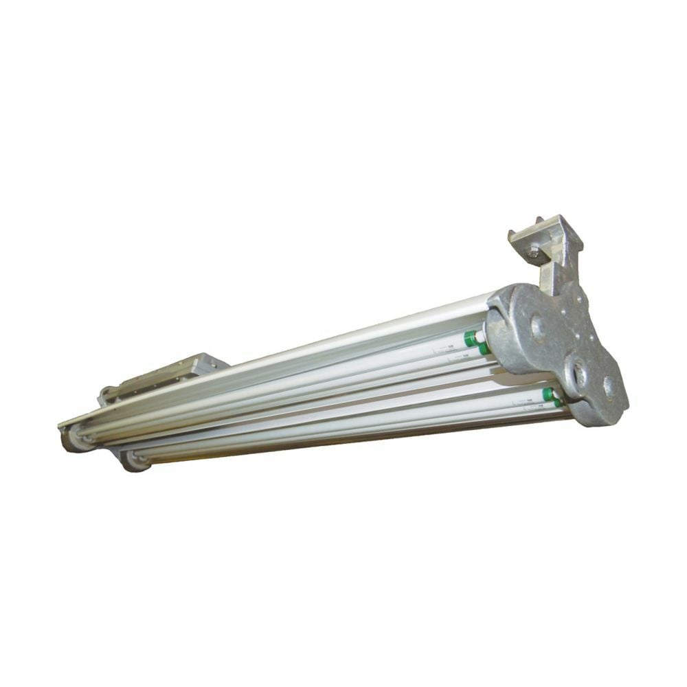 Eaton Crouse-Hinds series Pauluhn ZonePro ZP linear fluorescent light fixture,1/2" (3) NPT outlets,two plugged,Without guard,4 ft,T12HO RDC,Copper-free Al,Surface/ceiling mount,2-lamp,ZP1093MTK brackets included,120-277 Vac,48W