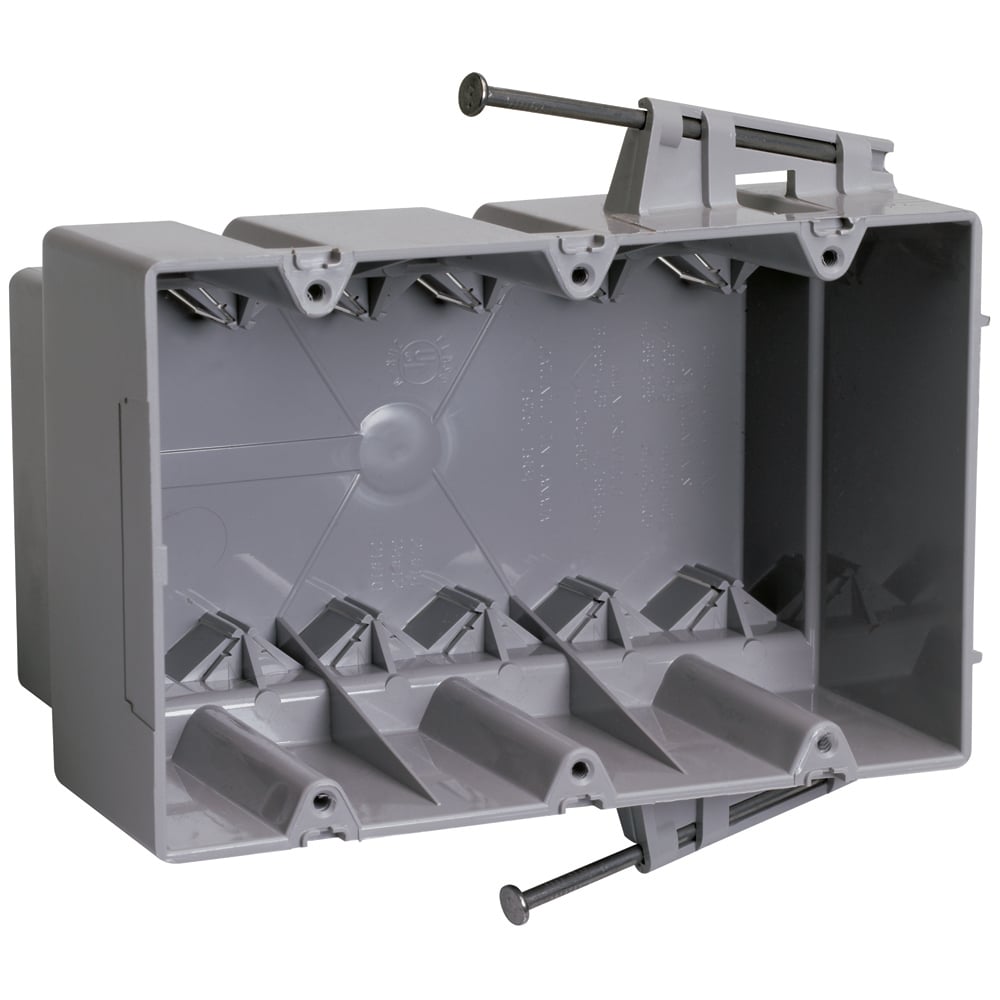 Triple Gang, Switch and Outlet Box with Captive Mounting Nails on Each End, Six Auto/Clamps on Each End, 3 1/16 depth for manufactured housing walls. 50 pack.