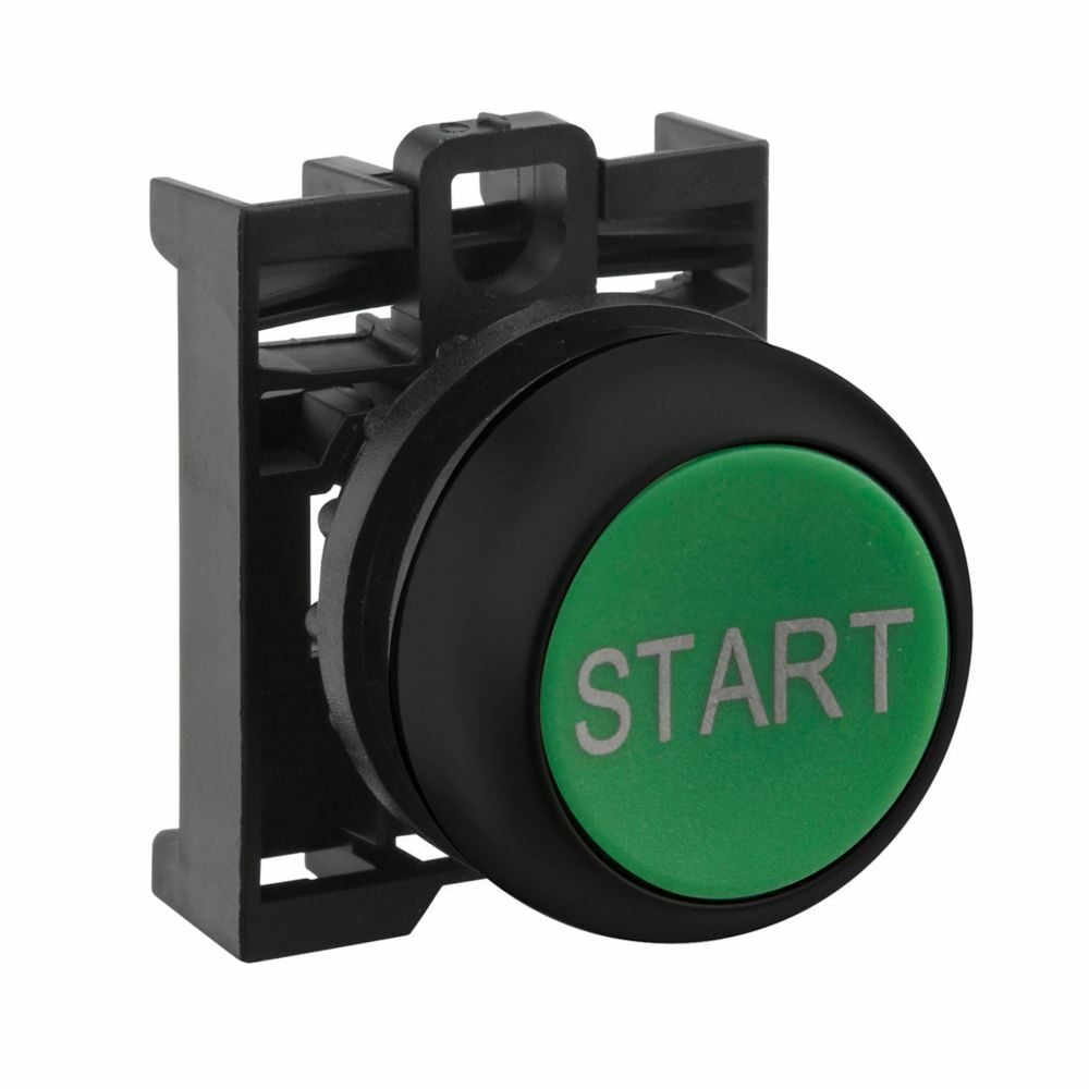 Eaton 22.5 mm RMQ-Titan Pushbutton,START,Green Actuator,Black bezel,IP67, IP69K,Non-illuminated,Flush mounting,NEMA 4X, 13,5,000,000 operations,Momentary,22.5 mm,Flush Pushbutton,M22