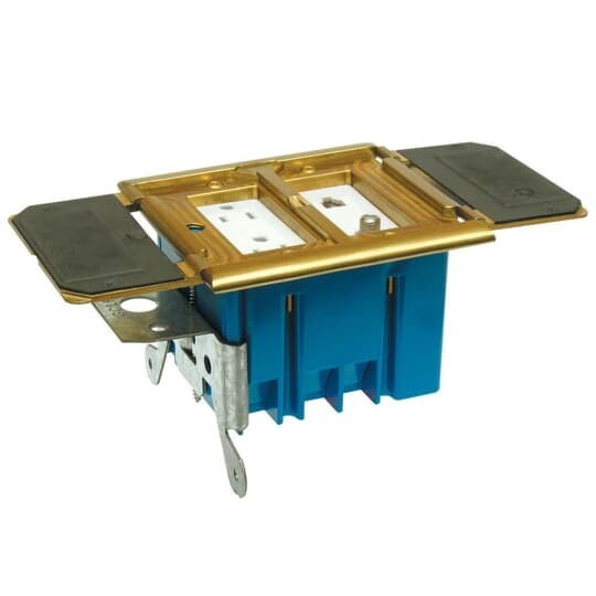 Double Gang Adjustable Residential Floor Box, 34 Cubic Inches, Cover Brass, Non-Metallic, Tamper Resistant Duplex Receptacle