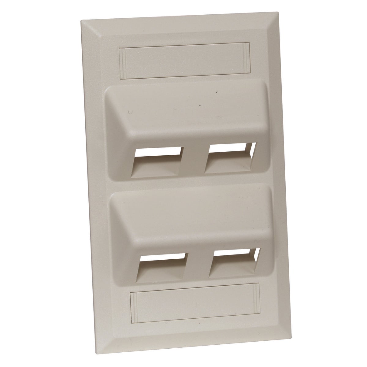 Hubbell Premise Wiring's angled wall plates offer 45 jack and Audio/Video connector mounting along with TIA/EIA-606A station labeling ability and the traditional features of HPW's standard flush wall plates.The design of the AFP plate positions the patch cord down at an angle of 45, which provides additional protection against exceeding the minimum bend radius. The 45 angle also protects the patch cord/jack connection from being damaged from office furniture. AFP plates include 2 smooth locations for adhesive labels or can be fitted with optional snap in clear label covers and paper inserts.