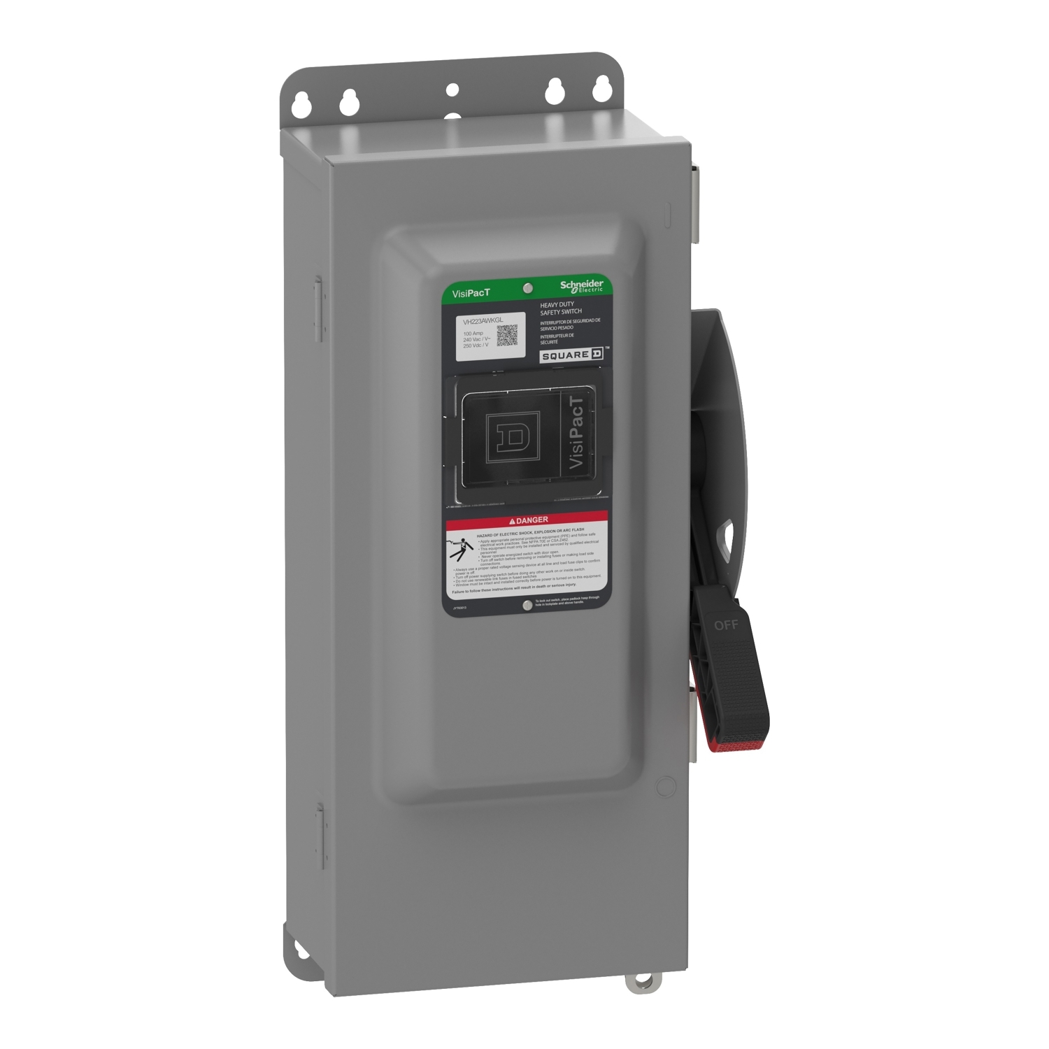 Safety switch, VisiPacT, heavy duty, fused, viewing window, NEMA 12, 240V, 100A, 2 pole, ground lugs