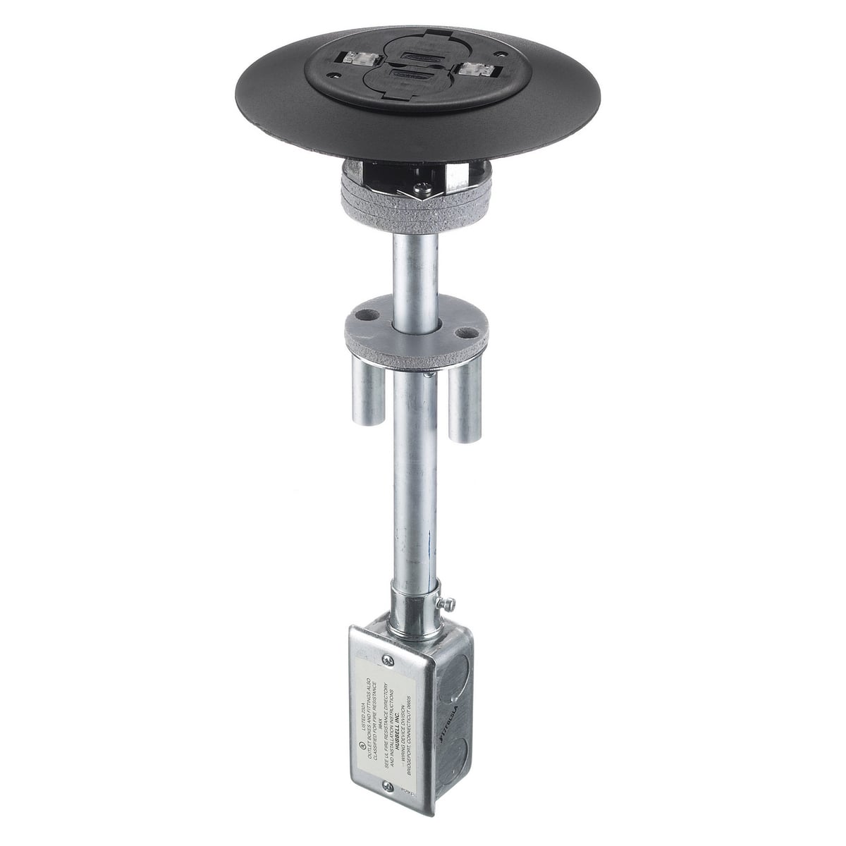 In-Floor Delivery Systems, Fire-Rated Poke-Throughs, 2x2 Flush Duplex Series, Complete Unit, Isolated Ground, Black
