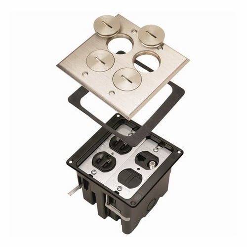 Tamper-Resistant Floor Box Assembly, Dual-voltage. Two #8 duplex openings, Four threaded screw plugs. Includes 3232 15 amp, 125 volt tamper-resistant duplex receptacle, Cat5E Jack, F-connector, Ten Blanks and a low-voltage divider.Nickel.