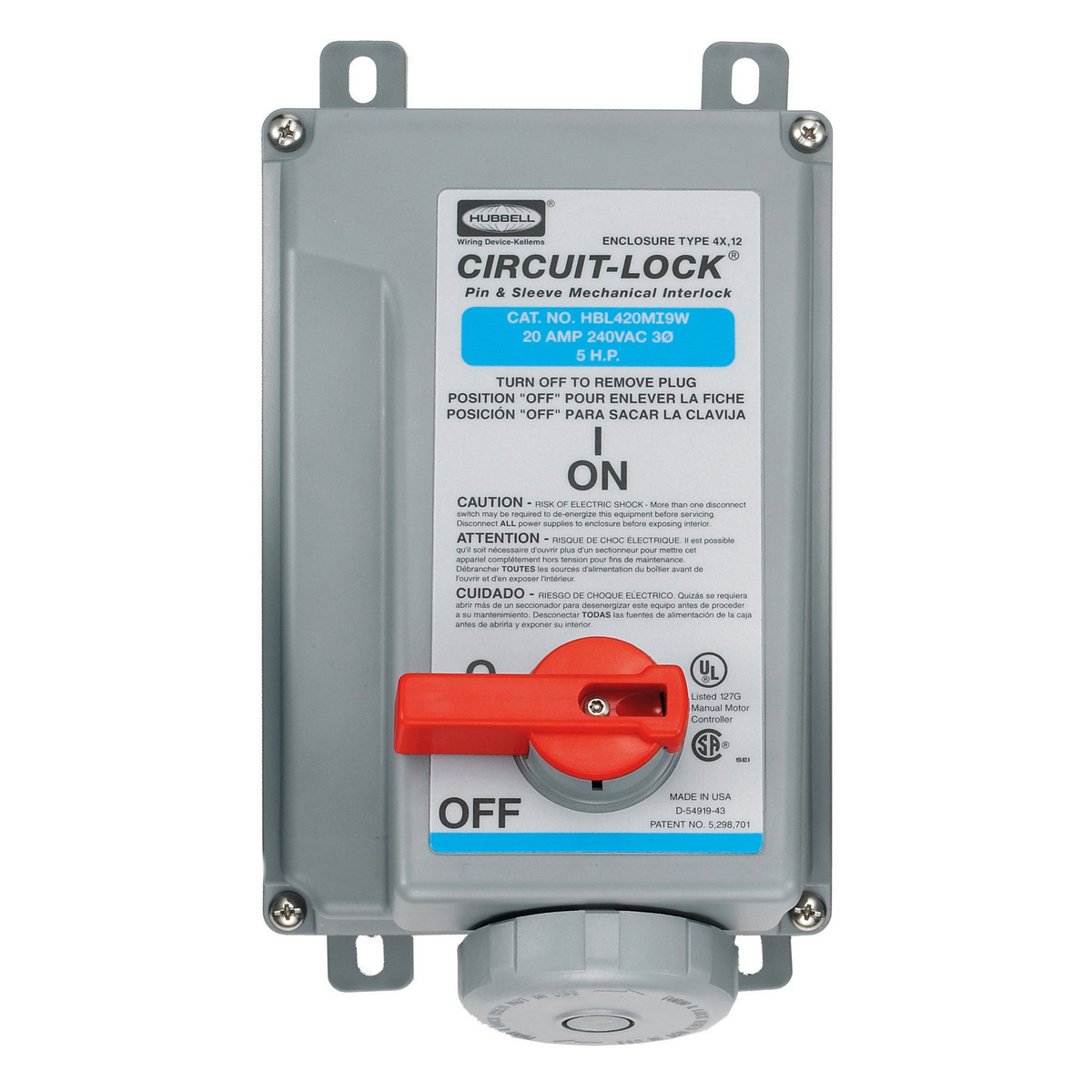 Heavy Duty Products, IEC Pin and Sleeve Devices, Industrial Grade, Female, Mechanically Interlocked Receptacle, 20A 3-Phase Delta 250V AC, 3-Pole 4-Wire Grounding, Terminal Screws